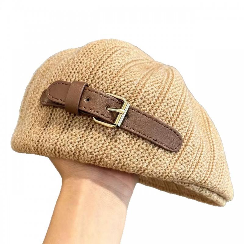Vintage British Style Knit Beret Cap Women - Versatile Artistic Painter Hat With Belt Detail