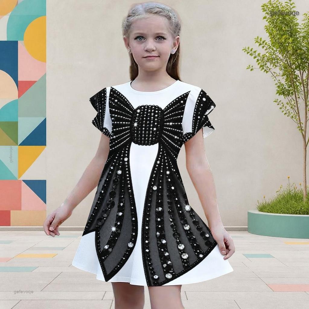 Girls Round Neck Flutter Sleeve Black Tree Floral Printed A Line Flared Dress