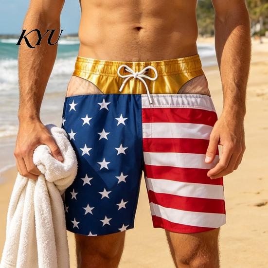 Summer Party Tricky Swimwear Hairy Big Booty Shorts, USA Flag Print Men Swim Trunks, Golden Funny 3D Visual Effect Shorts Briefs Design, Beach