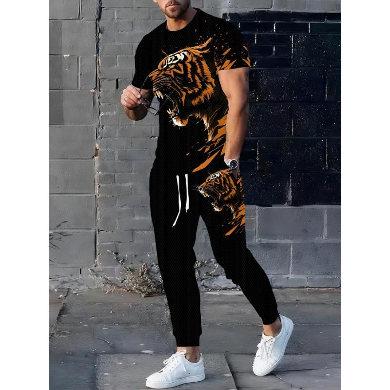 Men'S Casual And Fashionable 3D Printed Tiger Print Striped Short-Sleeve T-Shirt And Long Pants Set