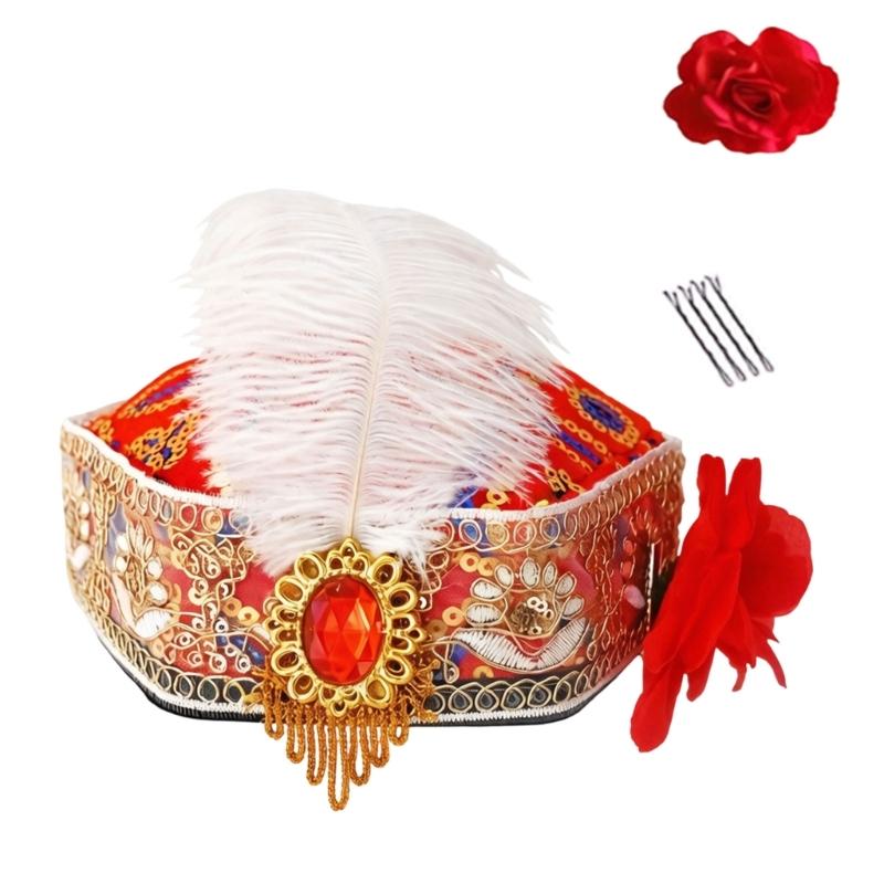 Uyghur Nationality Hat With Embroidery Pattern And Feathered For Women Cosplay Parties And Carnivals Cultural Festival