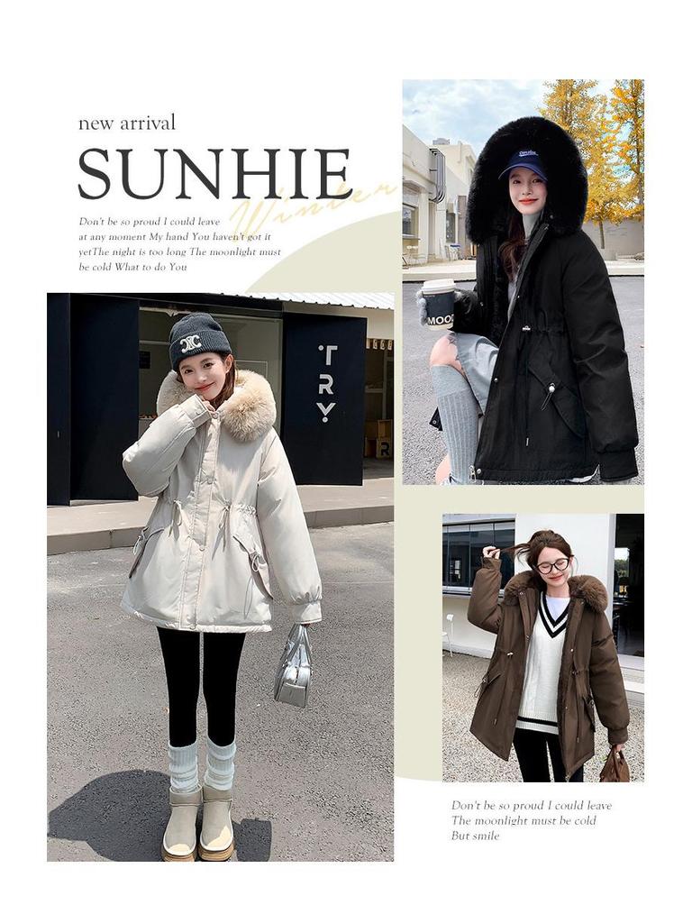 Women's Mid-Length Cotton Jacket with Large Fur Collar, Hooded, Winter 2024 Style, Warm Outerwear.