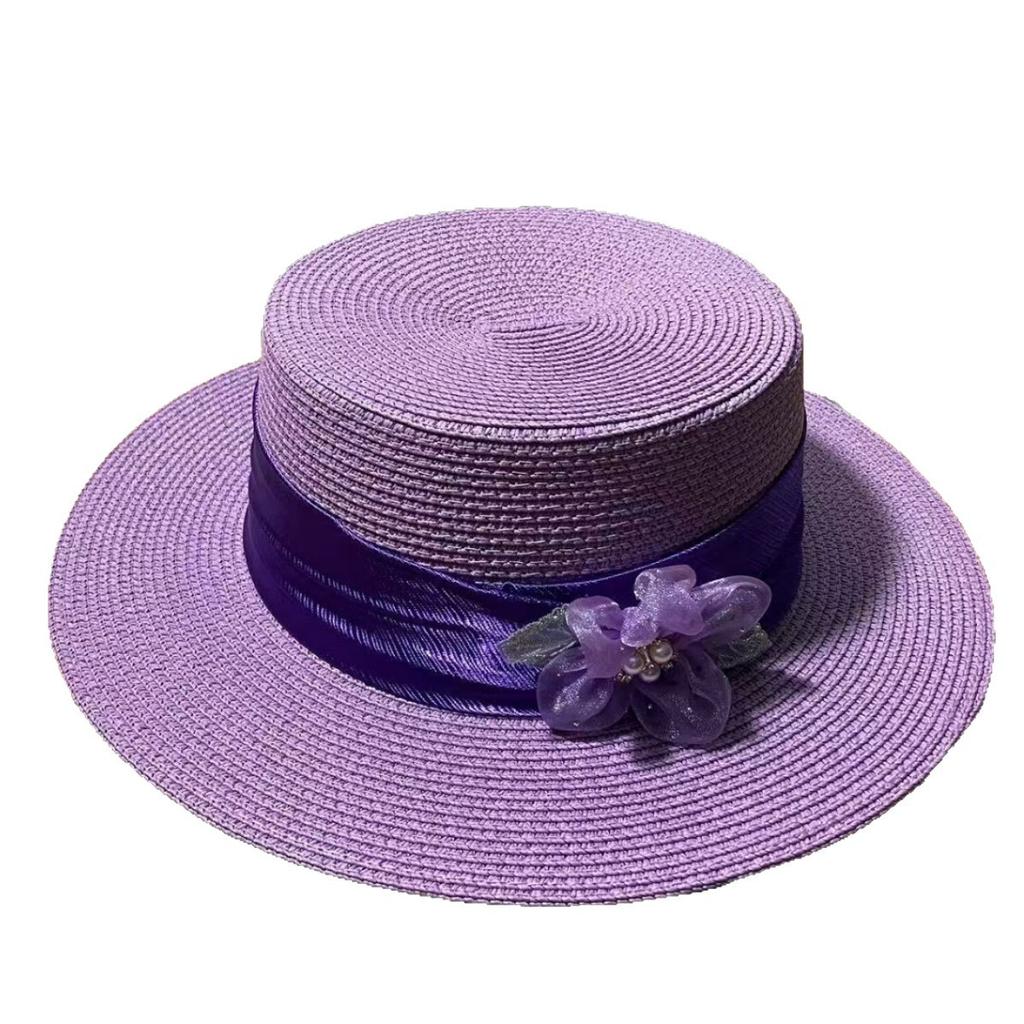 French Hand-sewn Bead String Lafite Straw Hat Women's Summer Fashion Travel Flat-top Beach Hat Elegant Hepburn Style Sun Hat