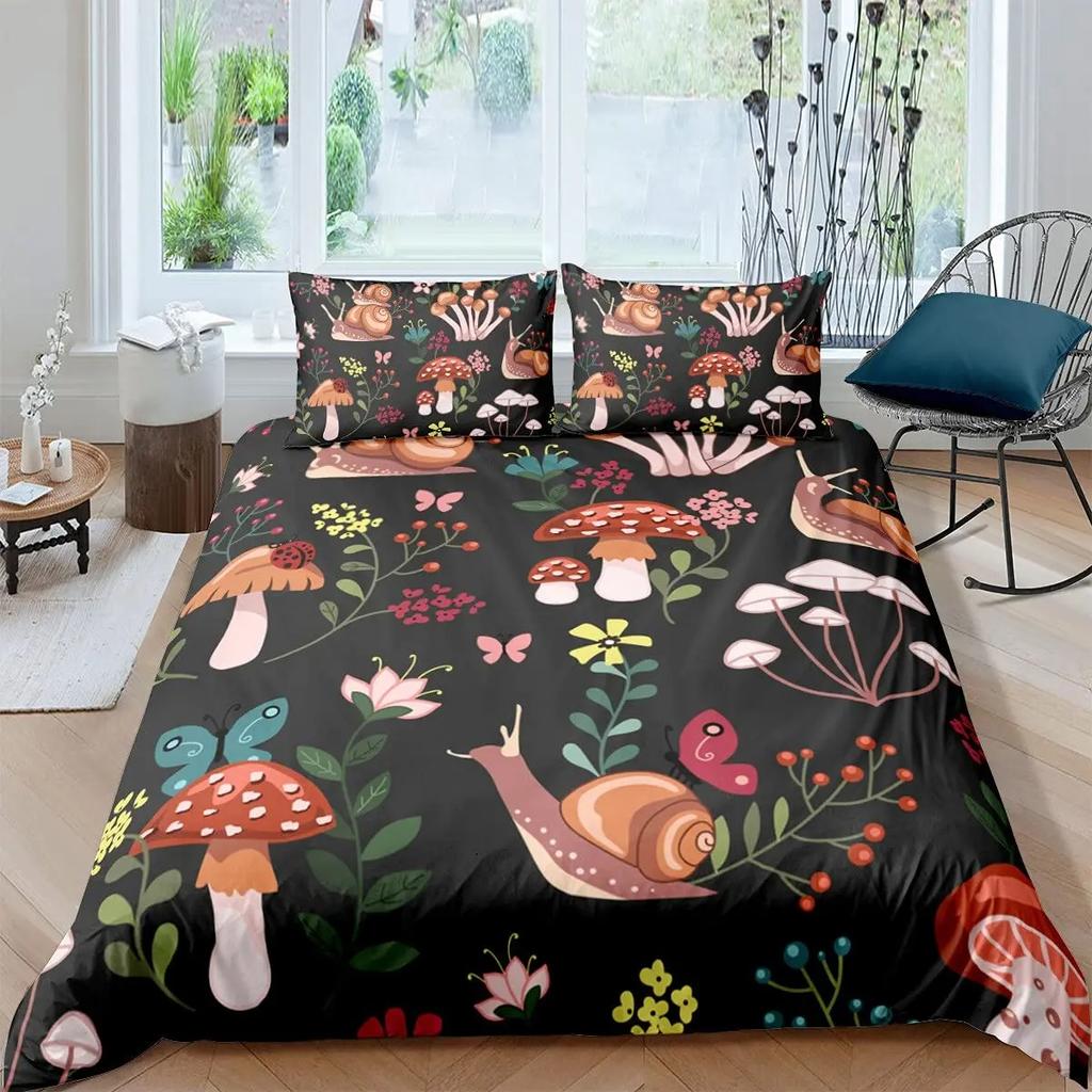 Kawaii Snails Duvet Cover Set Gradient Rainbow Printed Bedding Set Bedroom Decor Funny Snails Plant Duvet Cover for Boys Girls