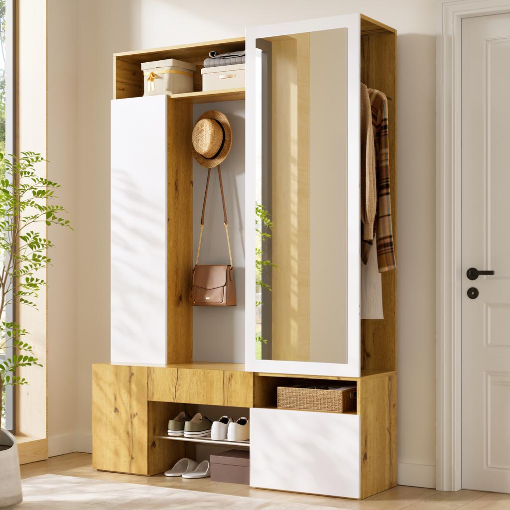 Hallway Wardrobe Cabinet MDF with Mirror, Shoe Cabinet, Hall Cabinet, Entrance Wardrobe, Closet with Clothes Rail, Hooks, Hallway Furniture