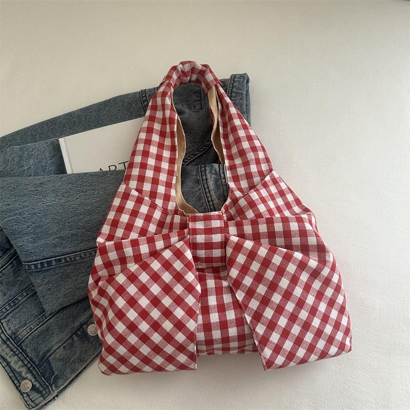 Summer Vintage Plaid Vest Bag Large Capacity Shoulder Bag Lightweight Shopping Bag Versatile Canvas Bag Female Student