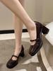 Summer New Patent Leather Brown Shoes Vintage Thick High Heels Shoes Women Woman Square Toe Chunky Heels 2025 Black