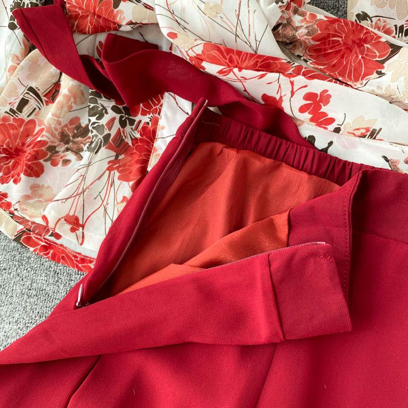 Chiffon Floral Top Set Casual V Neck Bandage Blouse Ladies Loose Wide Leg Trousers Suits Summer 2 Pieces Sets