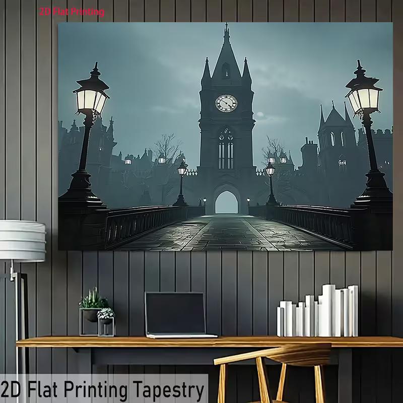 2D Victorian Dark City Backdrop 2D Clock Tower Street Lamp Photo Background for Photo Booth Props