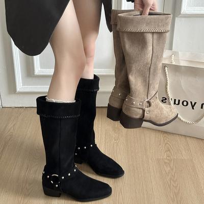 2025 Autumn and Winter New Middle Heel Pointed Thick Heel High Boots Knight Boots Korean Version Rivet Belt Buckle Fashion Boots Women's Boots