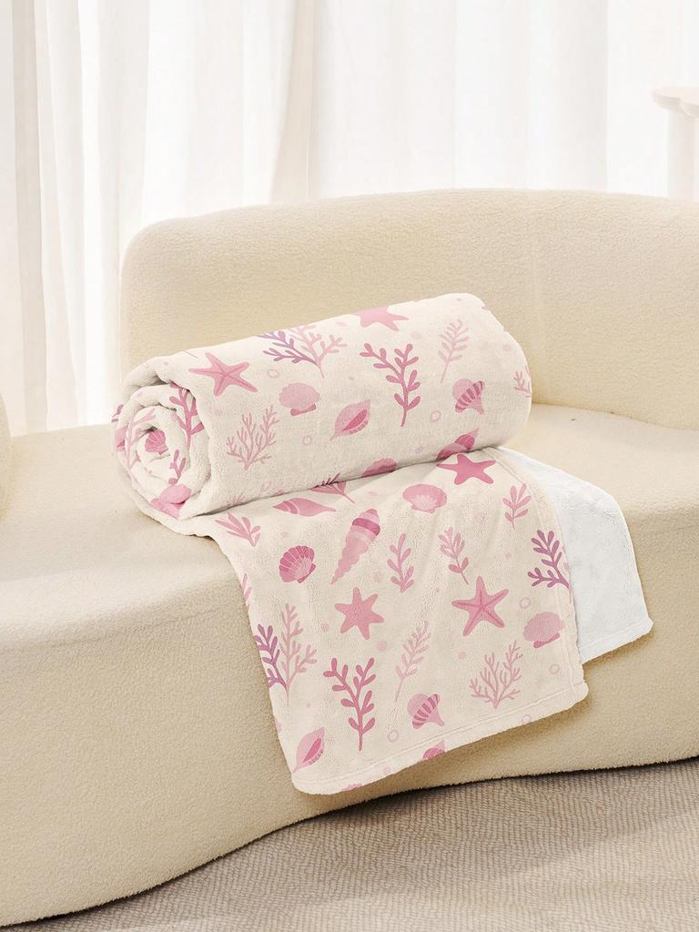 1Pc Flannel Shell Print Blanket Lightweight And Soft Blanket For Camping&Travel Suitable For Sofa Bedroom Living Room Bed