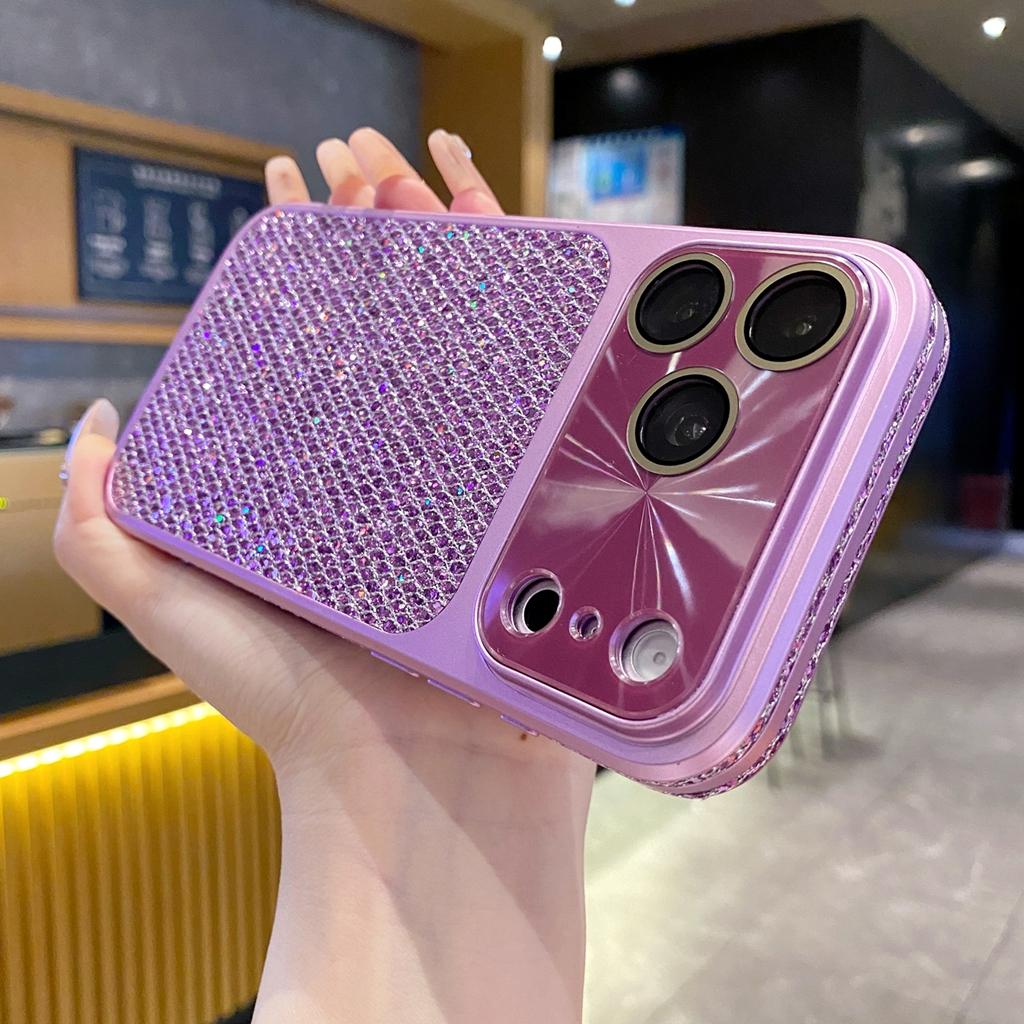 Fashion Blingbling Glitter Small Grid Pattern Window With Camera Glass Film Phone Cover Case for iPhone 17 16 15 14 13Pro Max
