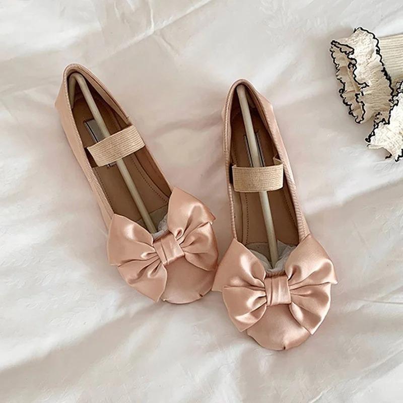 Fashion Elegant Woman Shoes with Low Heels Mary Janes Bow Tie Satin Ballet Flats Pumps Round Toe  Ladies Shoes