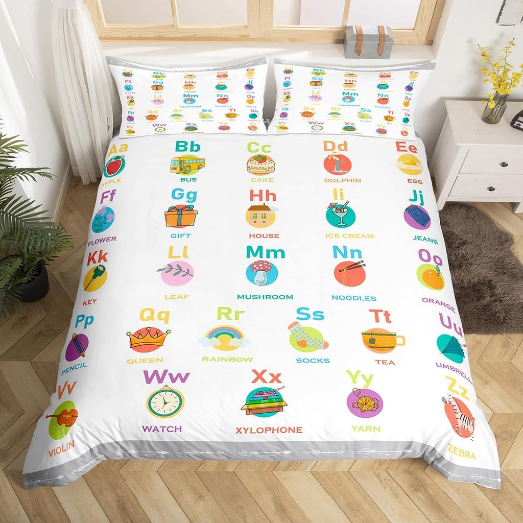 Outer Space Planet Galaxy Duvet Cover Twin King Kids Cartoon Bedding Set ABC Alphabet Learning Comforter Cover with 2 Pillowcase