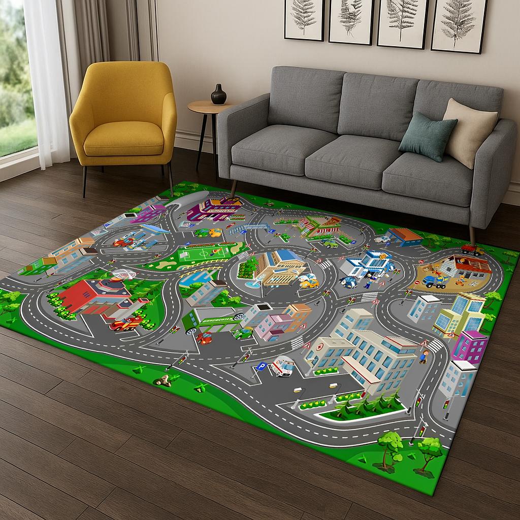 Highway Simulated City Traffic Carpet Rug for Bedroom Living Room Sofa Doormat Decor,Child Playma Game Room Non-slip Floor Mat