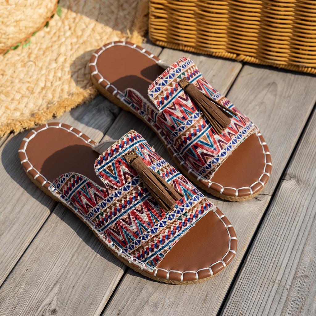 New Women's Fashion Slippers Round Toe Flat Sole Color Spelling Tassel Shoes Outdoor Beach Leisure Plus-size Zapatillas De Mujer