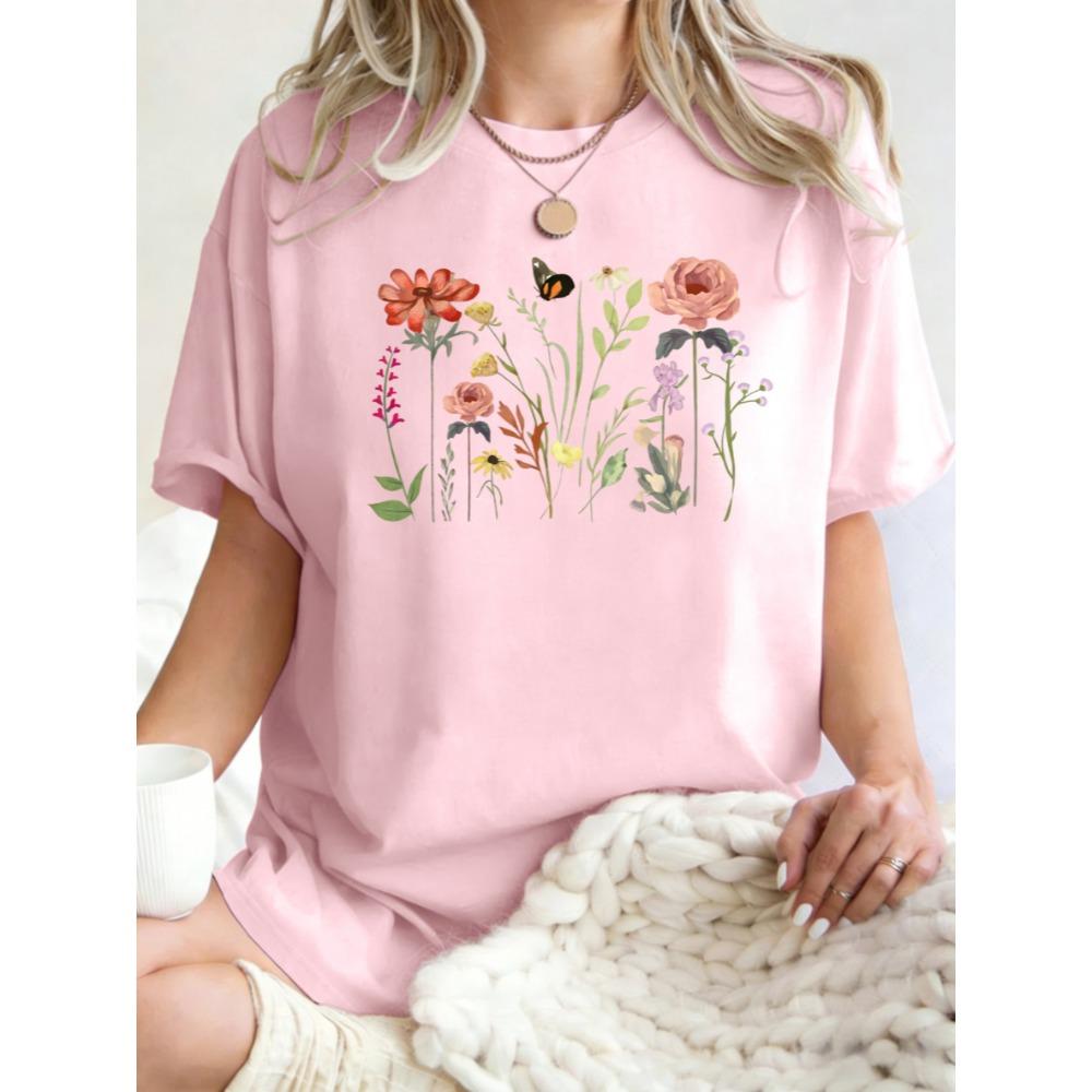 Flowers Attract Butterflies To Stay Print T-Shirts Women Cotton Casual T Shirt Breathable Summer Sportswear Crewneck Tops