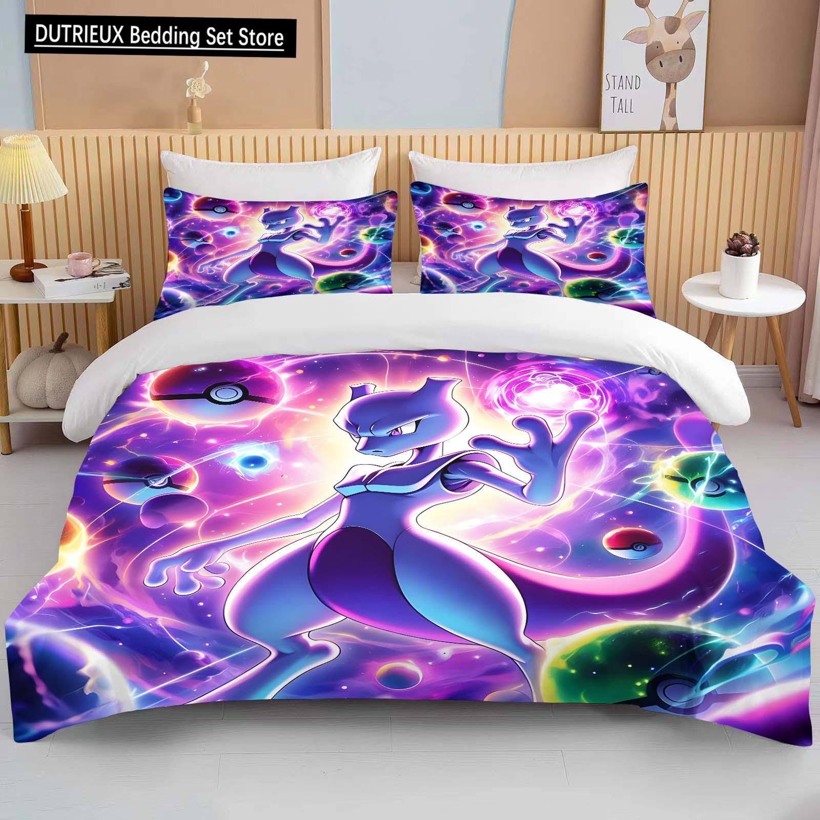 

10 розмірів Комплект постільної білизни з принтом Pokemon Mewtwo Мультфільм Аніме Підодіяльник Підковдра Наволочка Хлопчики Дівчата Діти Дорослі Король Подарунок EU single(135x200cm)