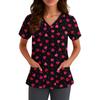 Women's Cute Bow Printed Work Clothes V-neck Double Layer Pockets Basic Short Sleeve Top Pullover