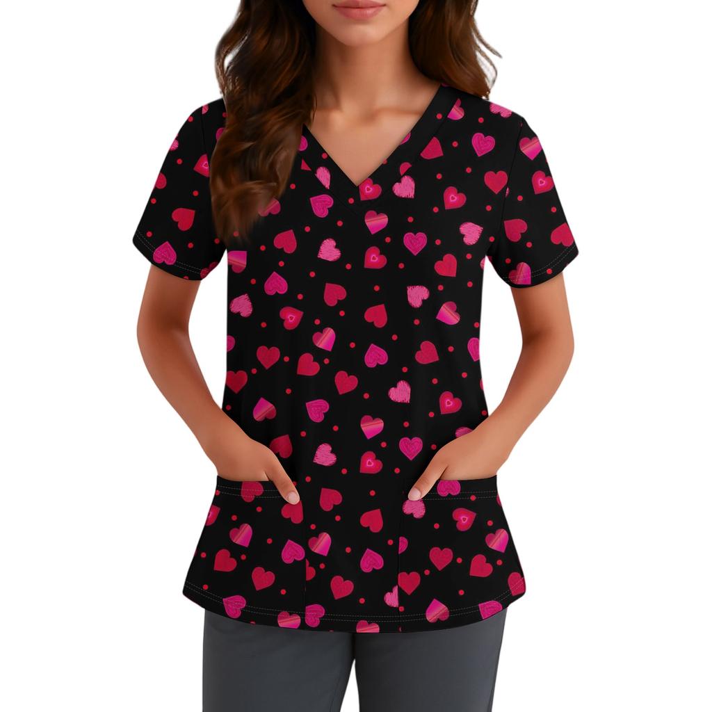 Women's Cute Bow Printed Work Clothes V-neck Double Layer Pockets Basic Short Sleeve Top Pullover