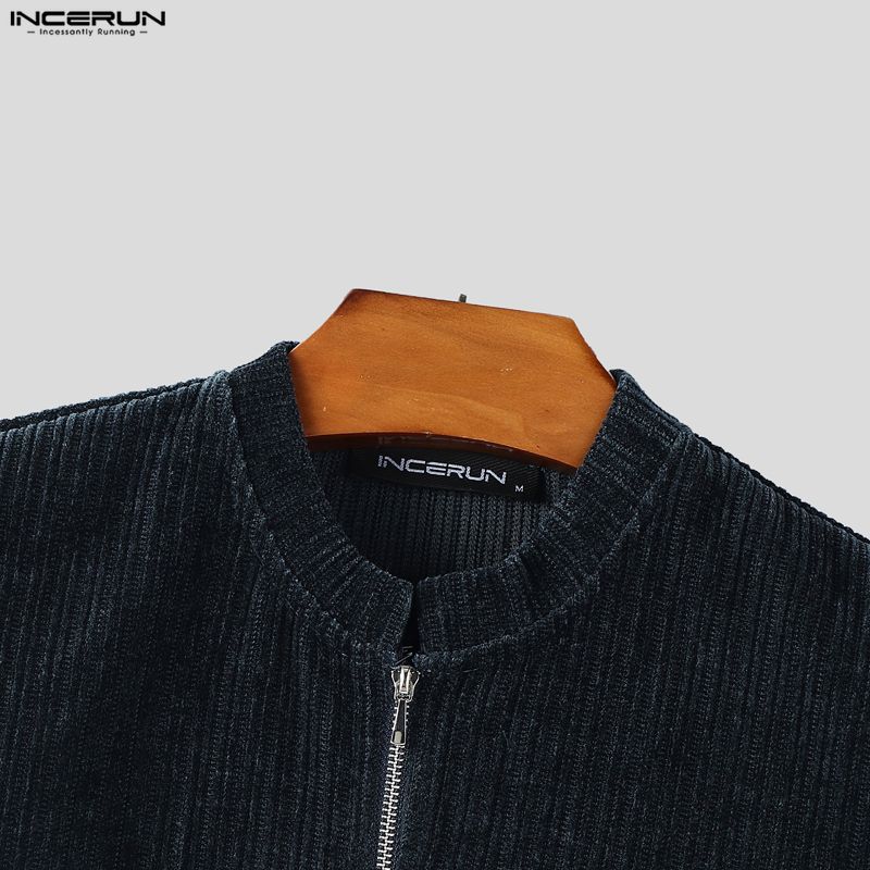 INCERUN Men Zip-up Neck Short Sleeve Texture Rib Casual T-Shirts Tops