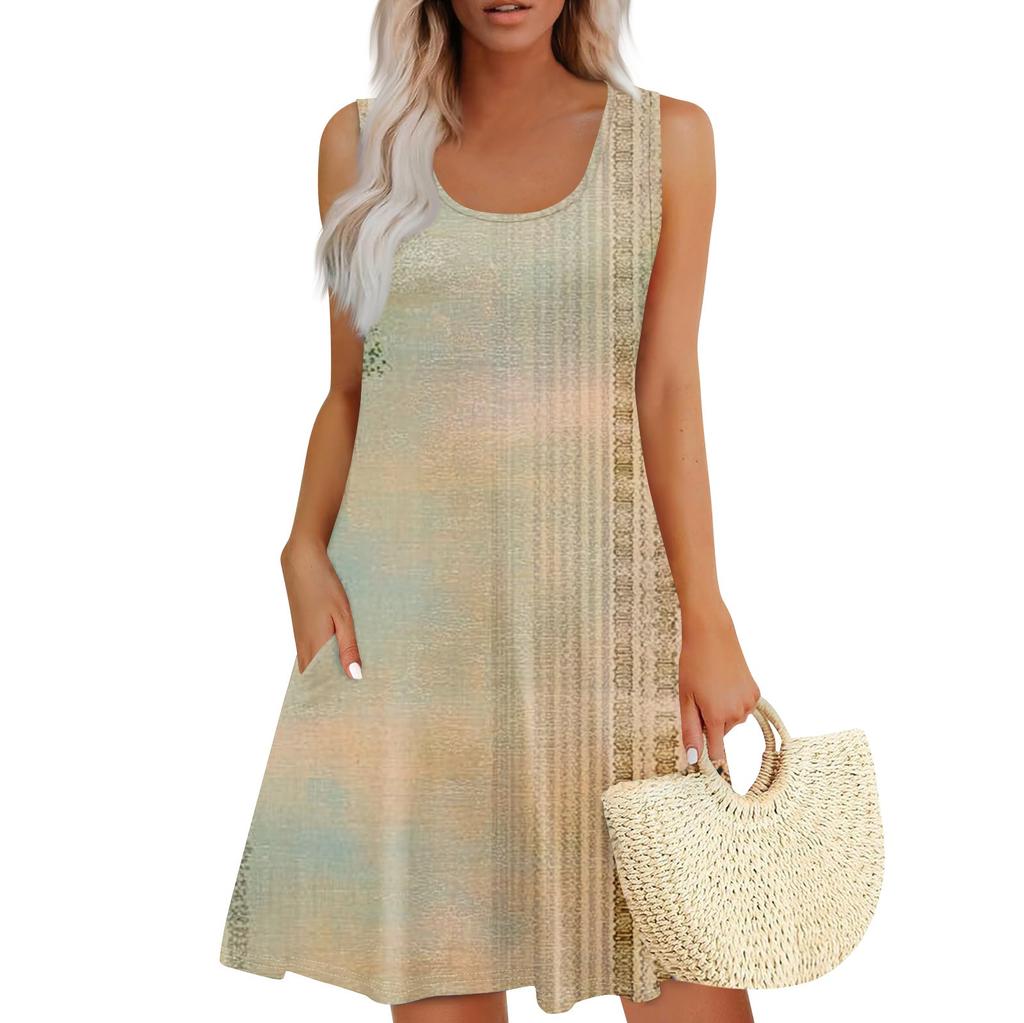 Damen Sommerkleid, lässig, quadratischer Ausschnitt, Blumendruck, ärmellos, mit Taschen