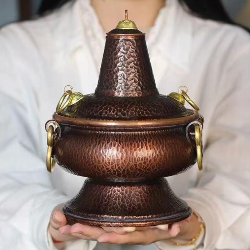 Multifunctional Pure Copper Hot Pot Handcrafted Vase Leaves Coffee Beans Container Incense Burner Tea Leaf Canister Storage Box