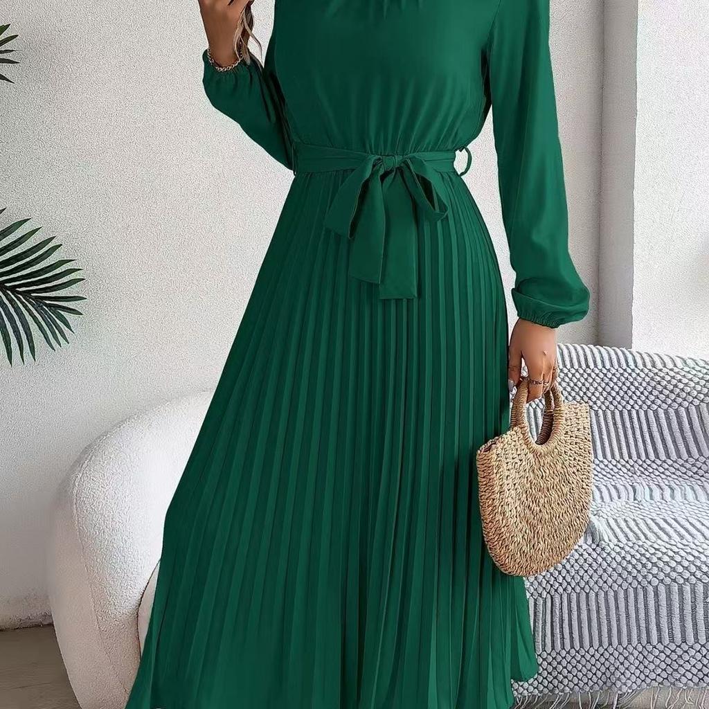 Autumn and Winter Elegant Stand-up Collar Long-sleeved Waist Pleated Long Dress Small Dress, Women's Clothing