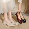 Low-heeled Light-mouth Single Shoes Spring and Autumn Shoes Bow Red Square Head Thick-heeled High Heels