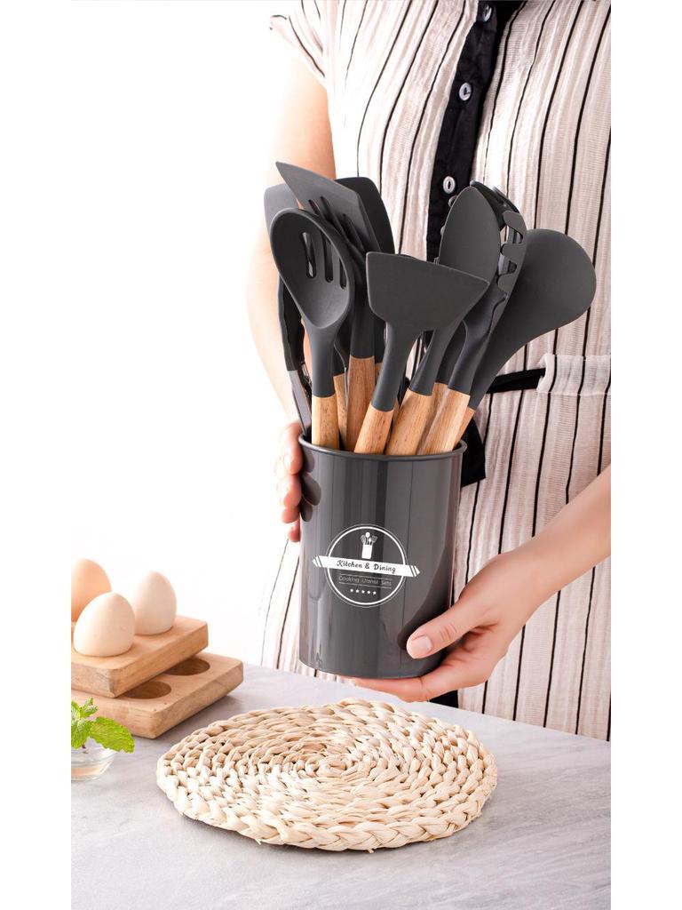 12-Piece High-Temperature-Resistant Silicone Kitchen Utensil Set with Wooden Handles