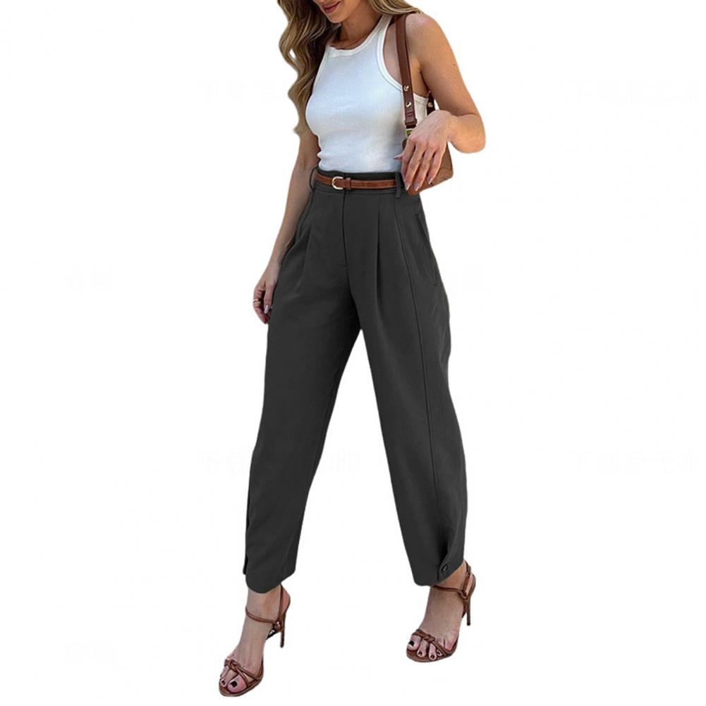 Women Suit Pants High Waist Buttons Zipper Fly Loose-Fit Solid Color Trousers with Pockets Commuting Style Long Pants