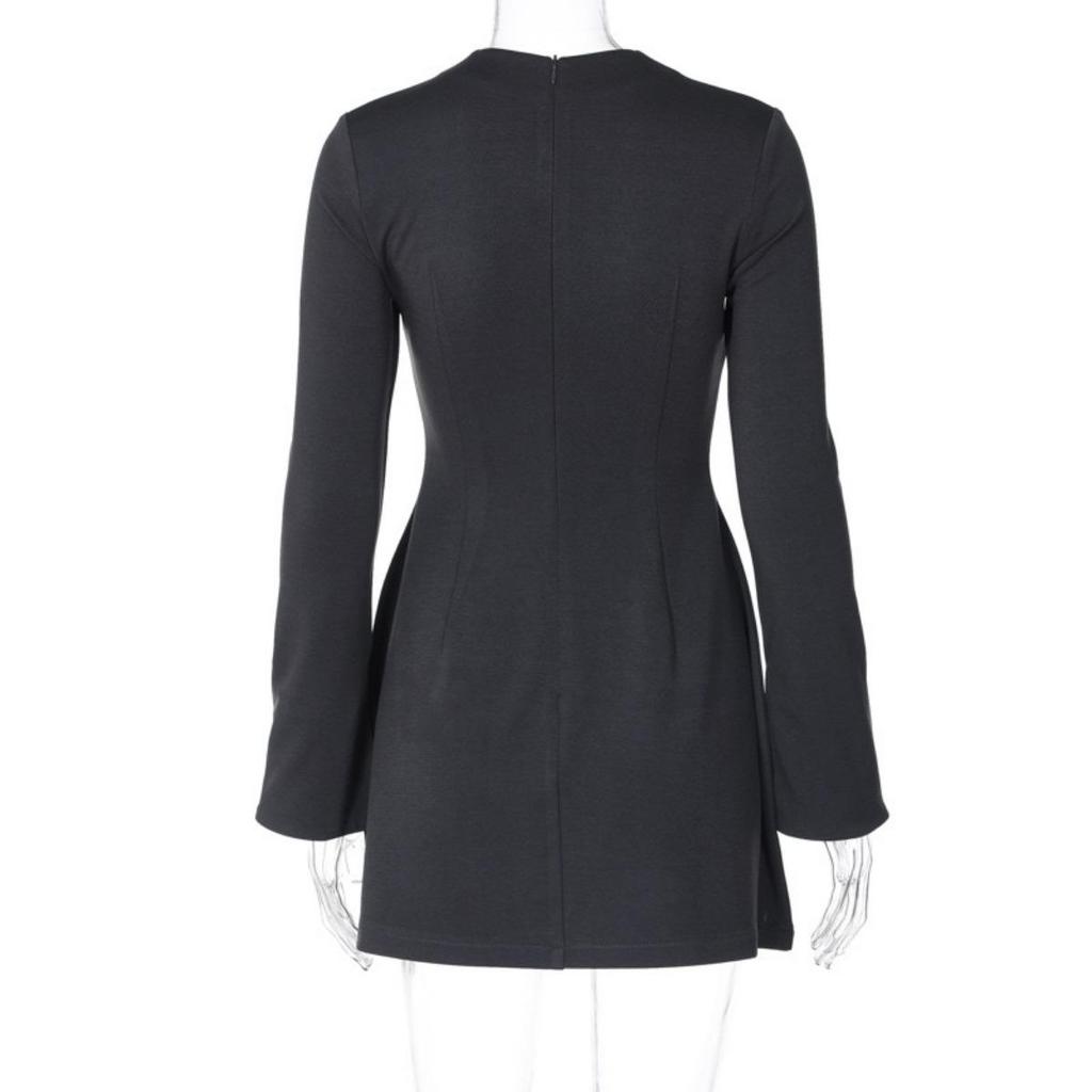 LYRIA Mini šaty bodycon na zip s dlouhým rukávem a kapsou, jednobarevný elegantní outfit, kancelářský streetwear, dámské podzimní zimní oblečení