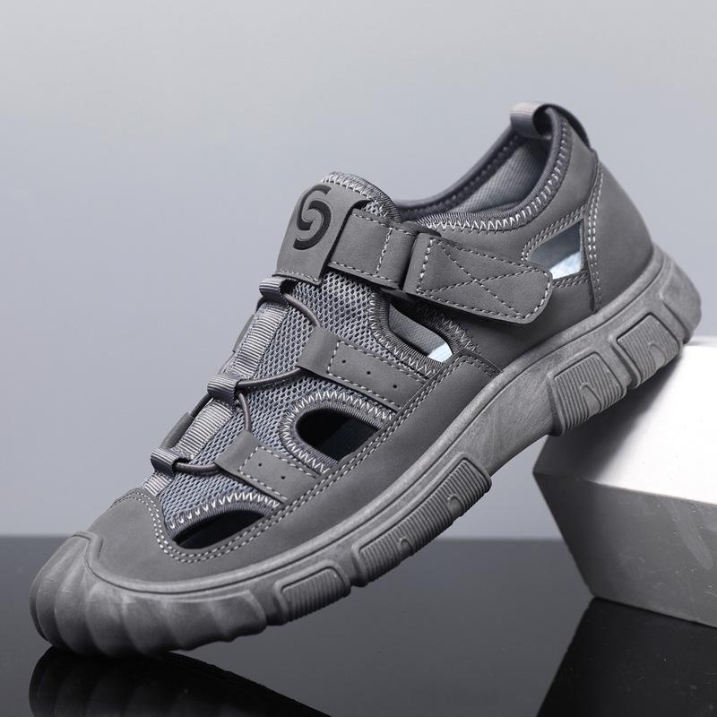 Men's 2024 Summer Genuine Leather Mesh Sandals - Breathable Soft Sole Casual Beach Shoes