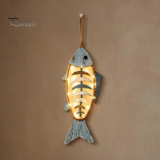 Coastal Theme Interior Bohemian Wooden Fish Wall Decor With/without LED Lights, Retro Hanging Ornament Craft for Entryway Bedroom Living Room