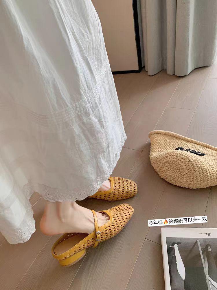

Виноградная мама интернет-знаменитость в том же стиле, южно-французский стиль~ ретро плетеные полые квадратный носок на толстом каблуке мюли полушлепки девушка 40 жёлтый