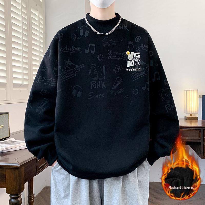 Men’s Trendy Fleece-Lined Embroidered Hoodie - Warm Mid-High Neck Casual Autumn/Winter Pullover XL