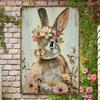 Vintage Bunny with Floral Wreath Metal Tin Sign, Rustic Iron Wall Art for Home, Garden, Gym, Cafe, Garage