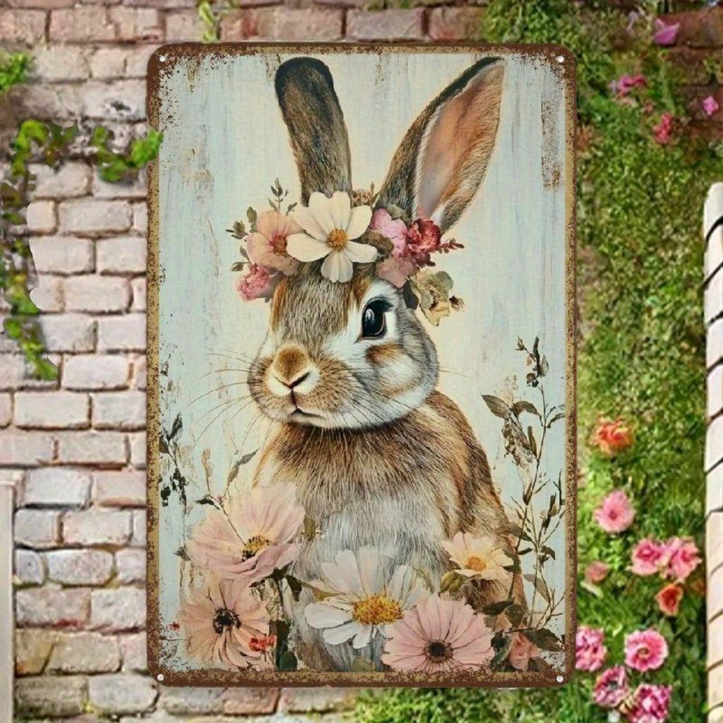 Vintage Bunny with Floral Wreath Metal Tin Sign, Rustic Iron Wall Art for Home, Garden, Gym, Cafe, Garage