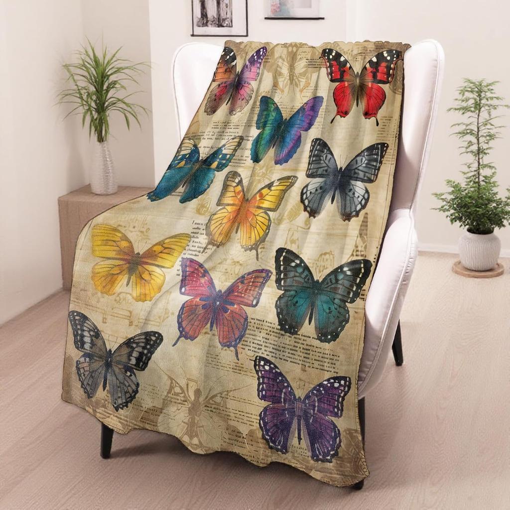 Vintage Butterfly Gifts, Colorful Butterfly Theme Blanket for Adults Women Kids, Cozy Fuzzy Warm Soft Throw Blankets for Bedroom