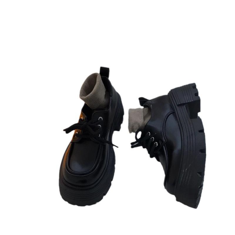Thick High Heel Lace-up Ins Leather Shoes for Women Spring and Autumn New British Style Black All-Match Heightened Single Layer Shoes Fashion