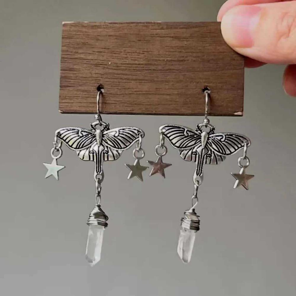 White Crystal Pendant Silver Color Star Tassel Carved Moth Dangle Earrings for Women Gothic Witchcraft Style Aesthetics Jewelry