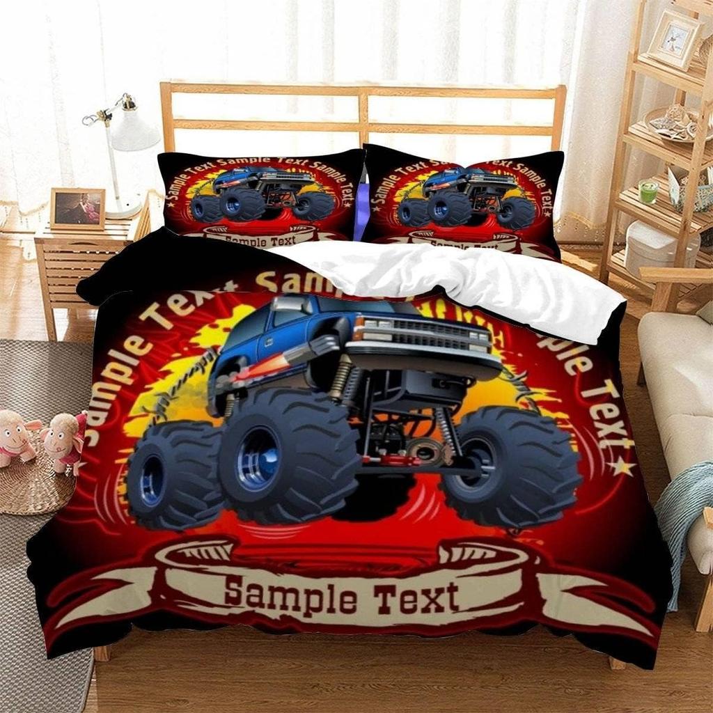 Racing themed bedding 3D printed cartoon monster truck pattern, soft down anti allergy down duvet cover, adult bedding set, teen