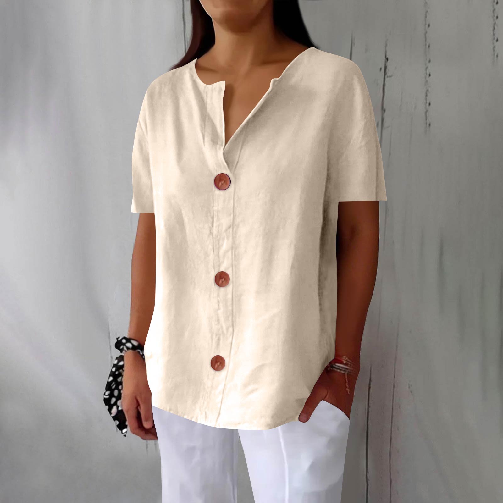 

Women s Fashion Casual Short Sleeve Button-Up T-Shirt Pullover Top L бежевий
