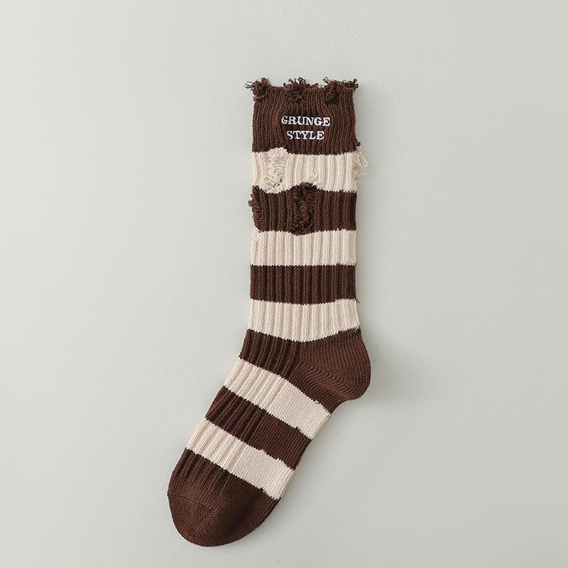 

Ripped Socks, Women s Mid-calf Socks, Men s Spring and Autumn Striped Embroidered Thick Thread Trendy Pile Long Socks 1 pair
