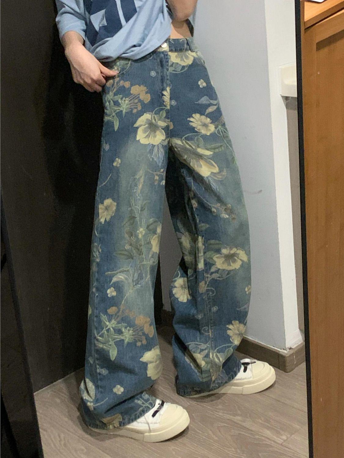 

Женские джинсы High-Street Retro с цветочным принтом и широкими штанинами на осень/зиму Medium синий