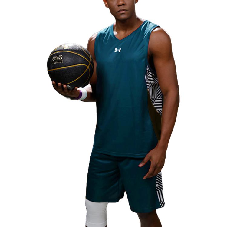 Under Armour Sports Lifestyle Series Logo Print V-Neck Color Block Breathable Sleeveless Basketball Jersey Men Tops Green Blue 23500101-343