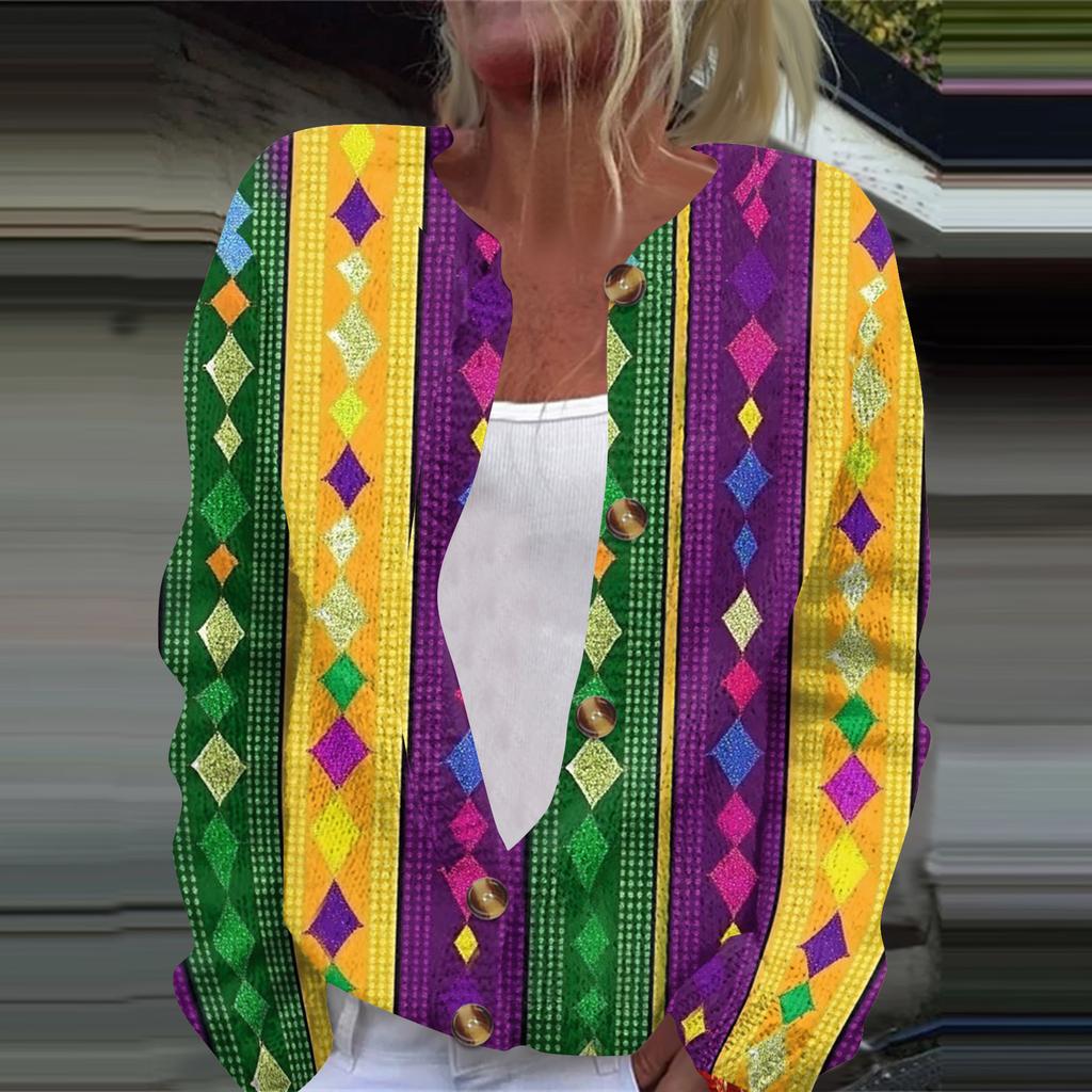 Women's Fashion Printed Long Sleeve Knitted Cardigan Button Down Jacket