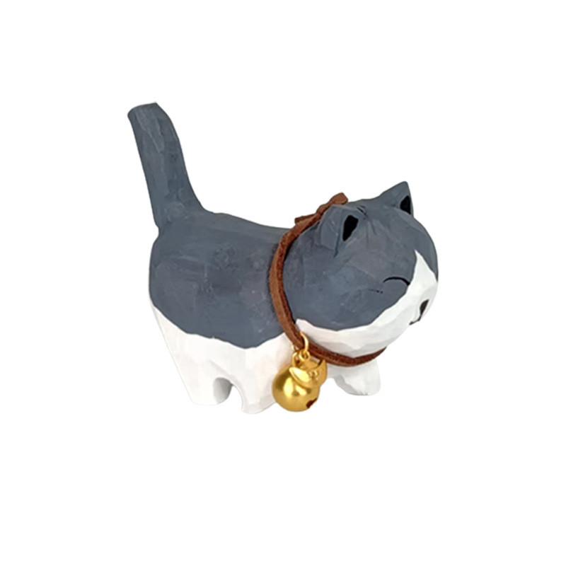 Wooden Handcrafted Carved Cat Figurine Cute Bell Desk Decor For Gifts And Home Office