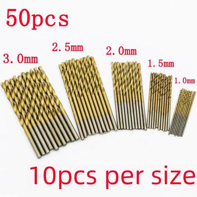50 pezzi punte elicoidali in acciaio rapido placcate in titanio per trapano a mano, gambo dritto da 1,0-3,0 mm, gambo tondo