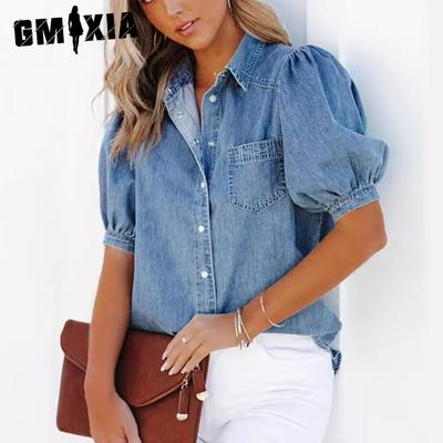 Koszula z cienkim dżinsowym rękawem Princess z klapami, casualowa, modna, damska